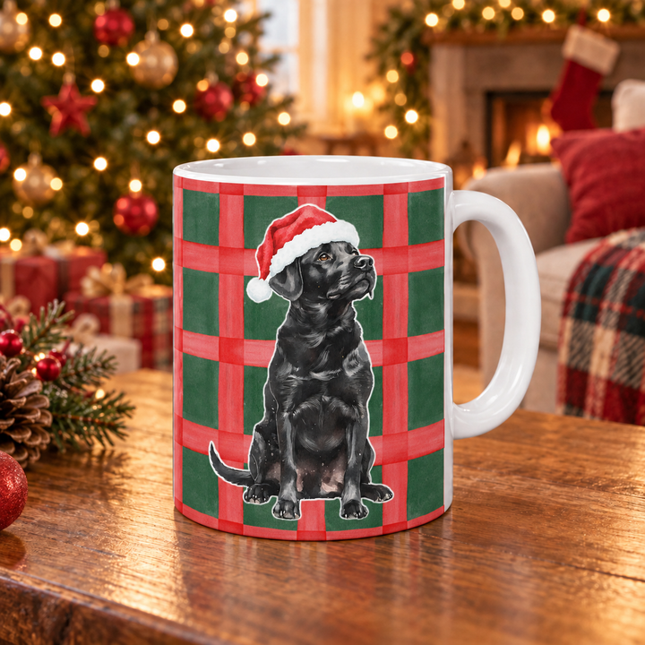 Black Labrador Christmas Mug, Red Green Plaid, 11oz White Ceramic