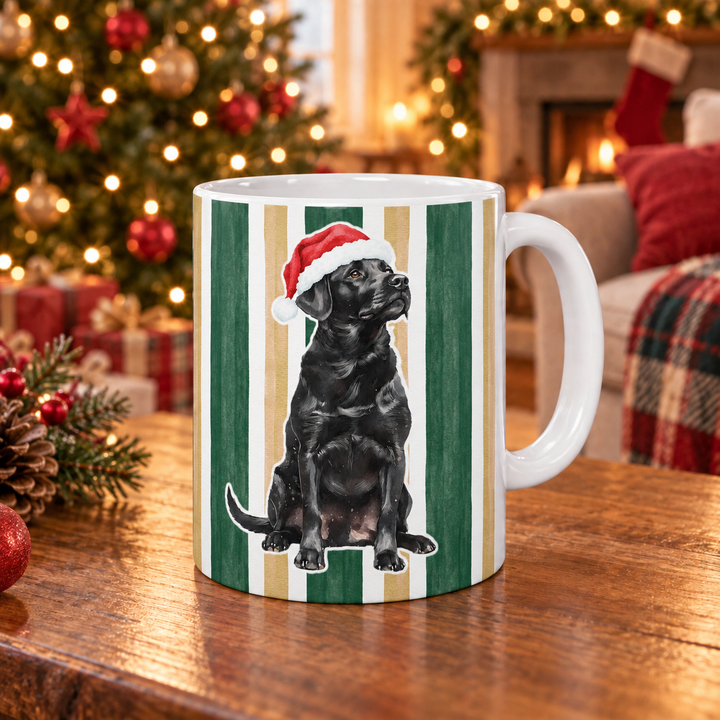 Black Labrador Christmas Mug, Green Gold Stripes, 11oz White Ceramic