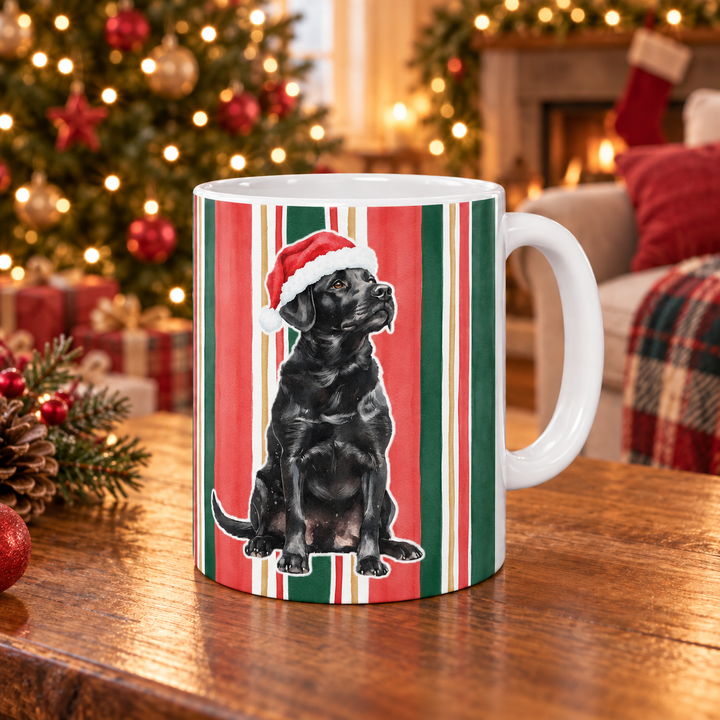Black Labrador Christmas Mug, Classic Christmas Stripes, 11oz White Ceramic