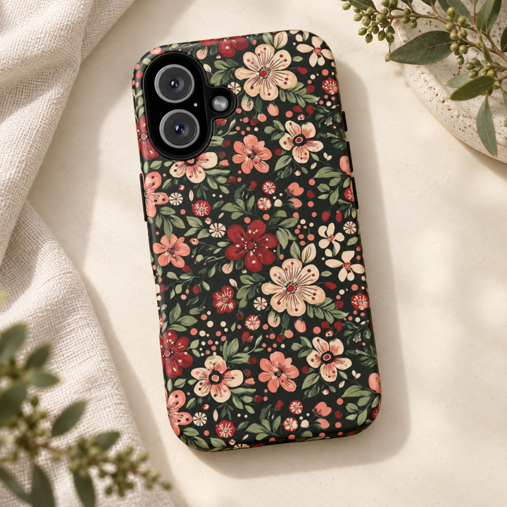Retro Christmas Floral Tough iPhone Case, Dark Botanical Pink Red Flower Phone Cover, Matte or Glossy