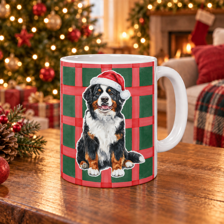 Bernese Mountain Dog Christmas Mug, Red Green Plaid, 11oz White Ceramic