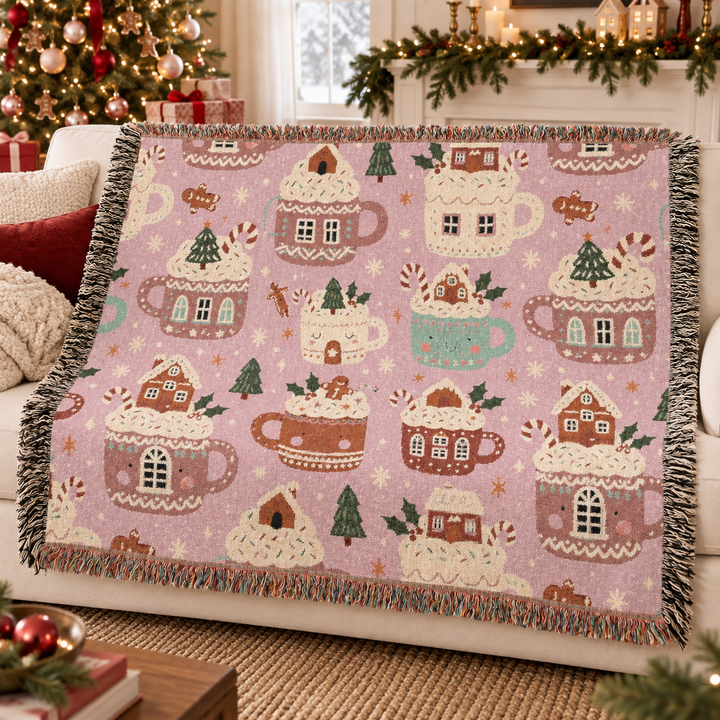 Pink Gingerbread Cocoa Woven Blanket, Christmas Hot Chocolate Cotton Throw, Cozy Holiday Sofa Decor