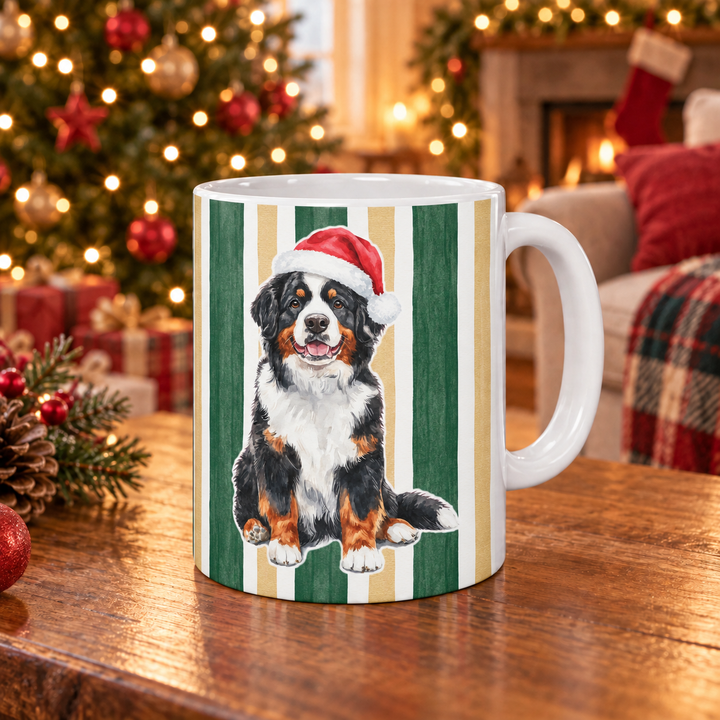 Bernese Mountain Dog Christmas Mug, Green Gold Stripes, 11oz White Ceramic
