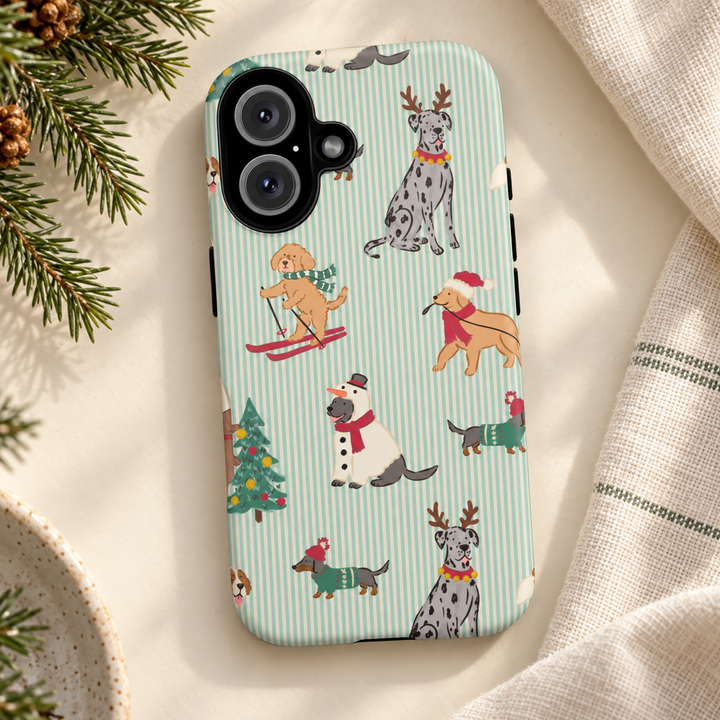 Christmas Dogs Tough iPhone Case, Green Stripe Holiday Dog Phone Cover, Matte or Glossy