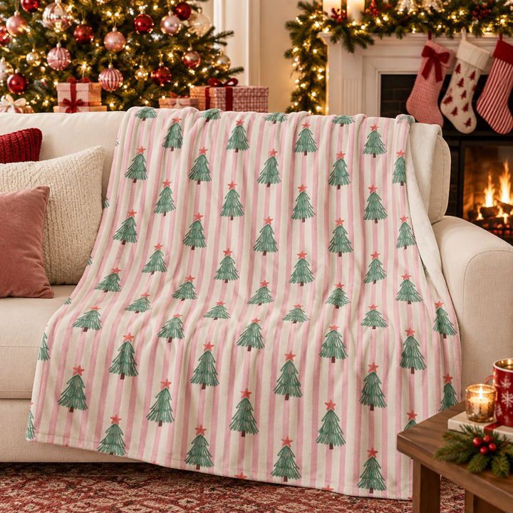 Pink Stripe Christmas Tree Velveteen Plush Blanket, Retro Green Tree Holiday Throw, Cozy Christmas Gift
