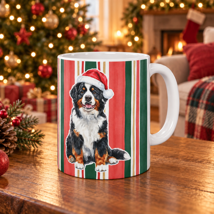 Bernese Mountain Dog Christmas Mug, Classic Christmas Stripes, 11oz White Ceramic