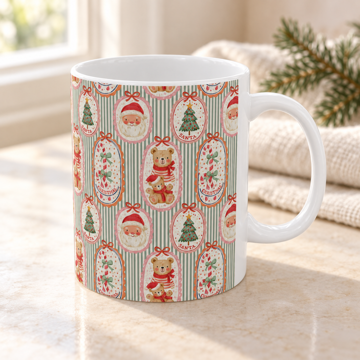 Santa Teddy Bear Ceramic Mug, Vintage Christmas Coffee Cup, Candy Cane Holiday Gift, 11oz and 15oz