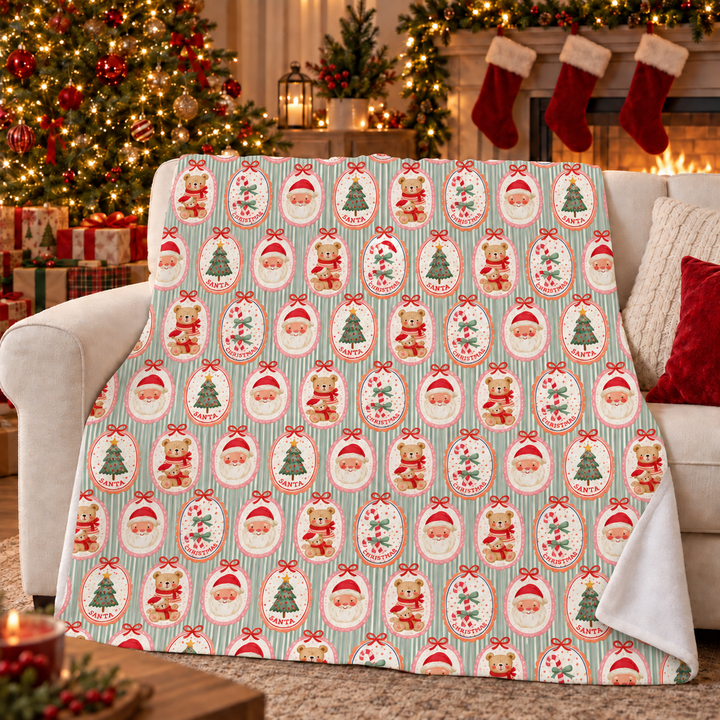 Santa Teddy Bear Velveteen Plush Blanket, Vintage Christmas Candy Cane Throw, Green Stripe Holiday Gift