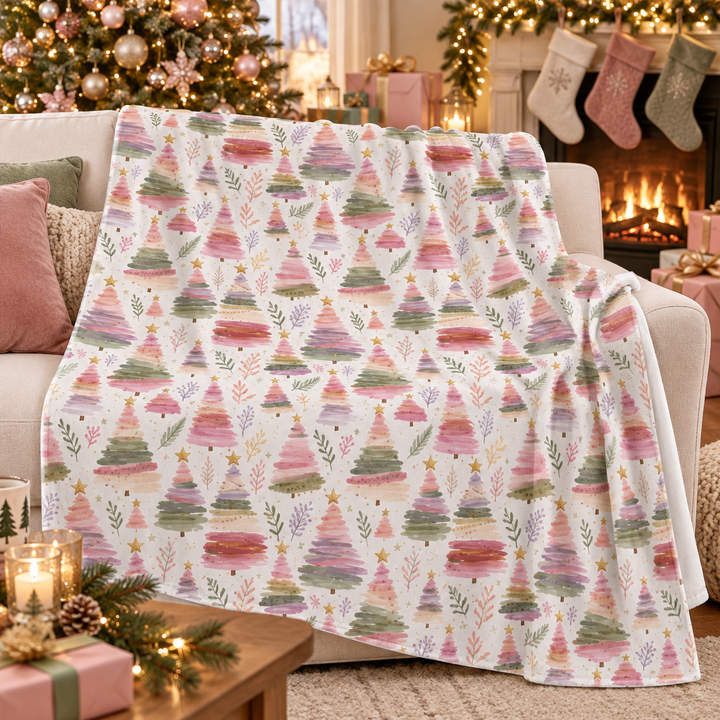 Pastel Christmas Tree Velveteen Plush Blanket, Pink Lavender Sage Holiday Throw, Watercolor Cozy Gift