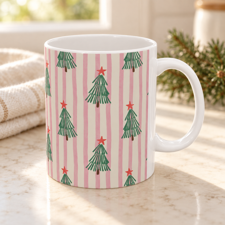 Pink Stripe Christmas Tree Ceramic Mug, Retro Green Tree Coffee Cup, Holiday Tea Gift, 11oz and 15oz