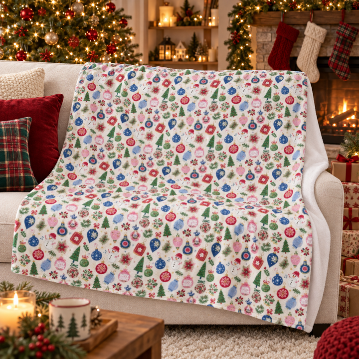 Christmas Ornament Velveteen Plush Blanket, Pink Blue Holiday Throw, Snowman and Bauble Cozy Gift
