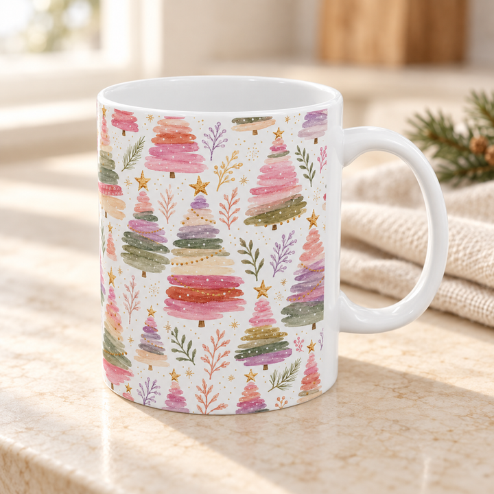 Pastel Christmas Tree Ceramic Mug, Pink Sage Watercolor Holiday Coffee Cup, Cozy Gift, 11oz and 15oz