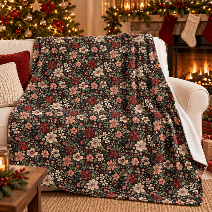 Retro Floral Velveteen Plush Blanket, Red Pink Flower Holiday Throw, Dark Botanical Christmas Gift