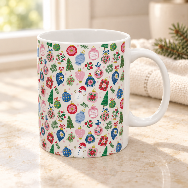 Christmas Ornament Ceramic Mug, Pink Blue Bauble Coffee Cup, Snowman Holiday Cocoa Mug, 11oz and 15oz