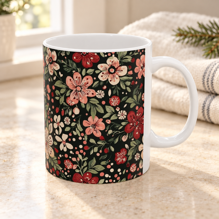 Retro Floral Ceramic Mug, Dark Botanical Coffee Cup, Pink Red Flower Tea Mug, Christmas Gift, 11oz 15oz