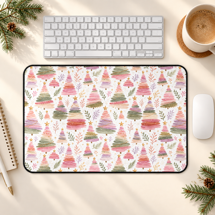 Pastel Watercolor Christmas Tree Desk Mat, Pink Sage Lavender Holiday Desk Pad, Cozy Office Decor