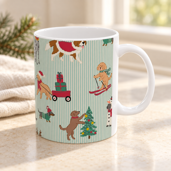 Christmas Dog Ceramic Mug, Green Stripe Holiday Coffee Cup, Festive Puppy Gift, 11oz and 15oz