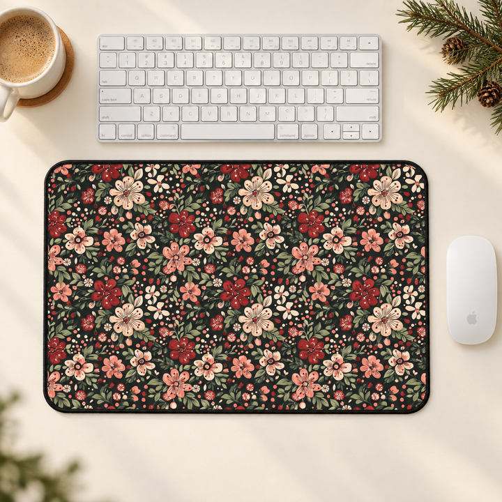 Retro Christmas Floral Desk Mat, Dark Botanical Holiday Desk Pad, Pink and Red Flower Office Decor