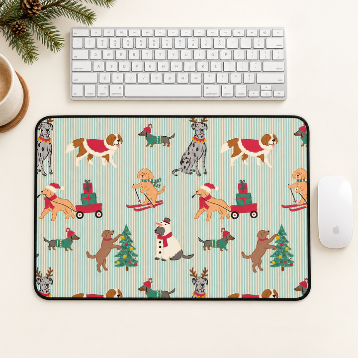 Christmas Dogs Desk Mat, Green Stripe Holiday Dog Desk Pad, Festive Office Decor