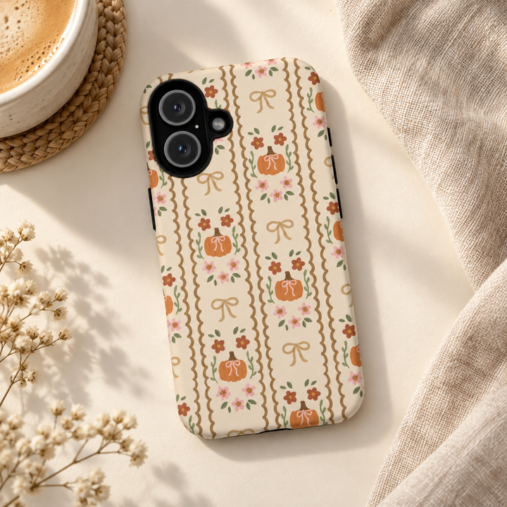 Girly Fall Pumpkin Bow Tough iPhone Case, Scalloped Floral Autumn Phone Cover, Matte or Glossy