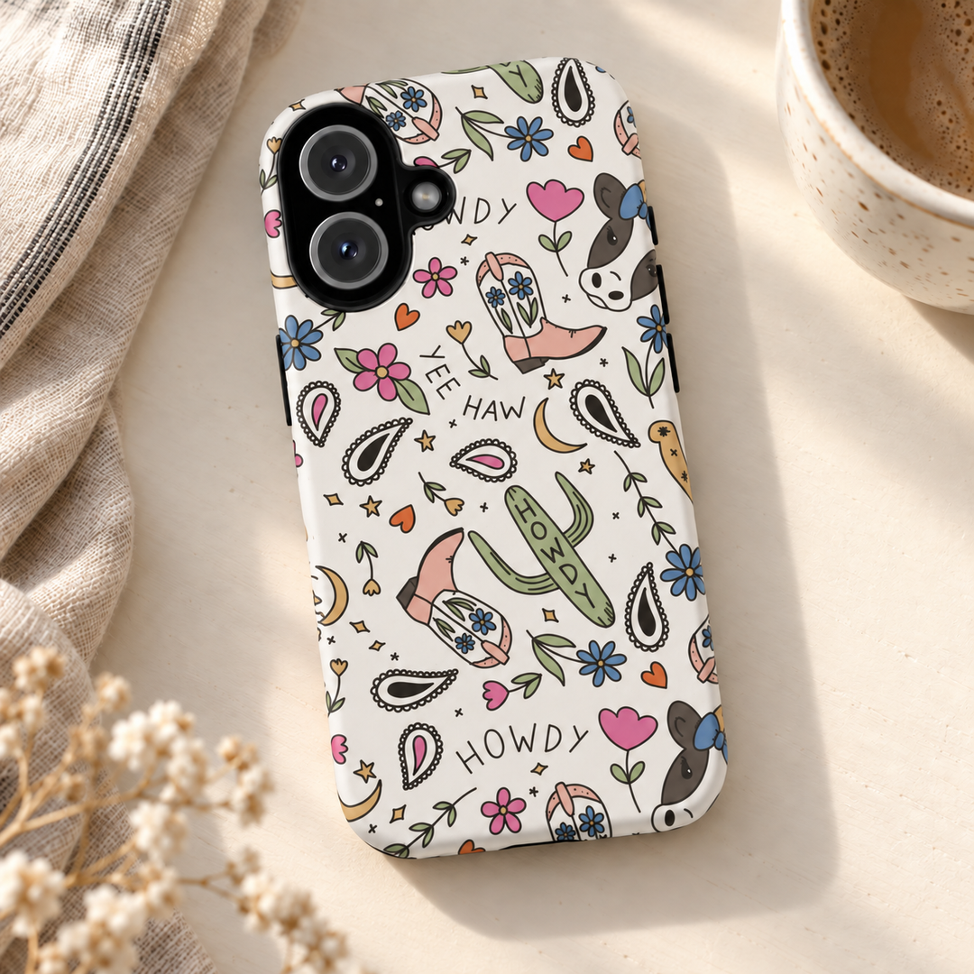 Western Cowgirl Tough iPhone Case, Pink Cowboy Boots and Howdy Phone Cover, Matte or Glossy