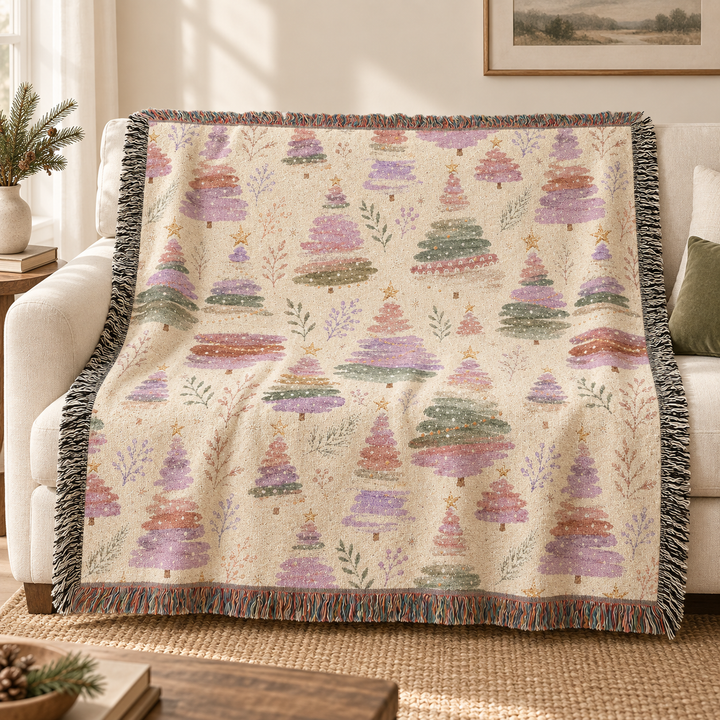Pastel Christmas Tree Woven Blanket, Pink Lavender Sage Cotton Throw, Watercolor Holiday Sofa Decor