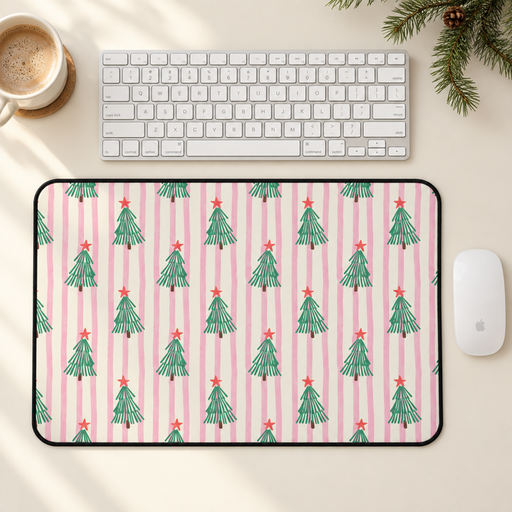 Retro Christmas Tree Desk Mat, Pink Stripe Holiday Desk Pad, Green Trees and Red Stars Office Decor