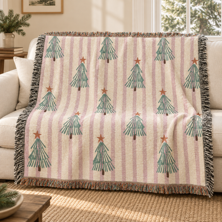 Pink Stripe Christmas Tree Woven Blanket, Retro Green Tree Cotton Throw, Festive Holiday Sofa Decor