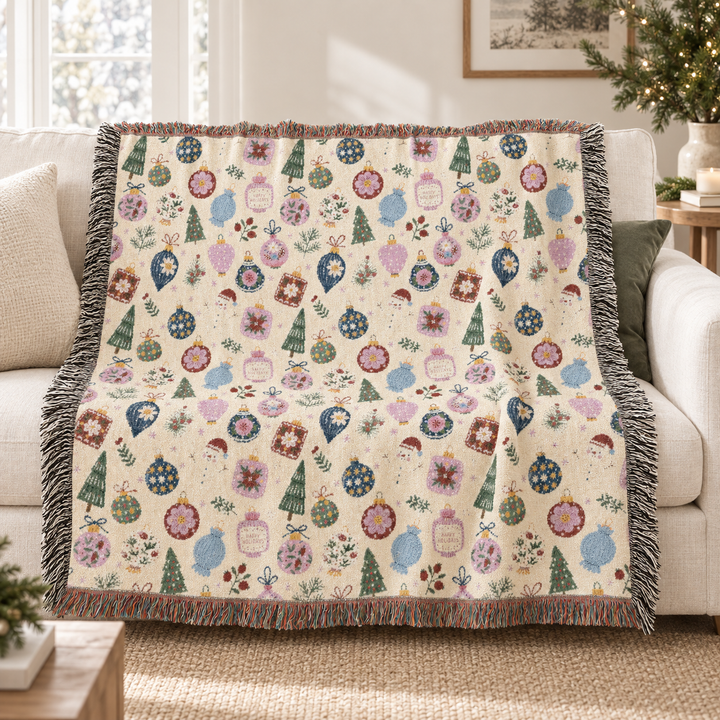 Christmas Ornament Woven Blanket, Pink Blue Holiday Cotton Throw, Snowman and Bauble Sofa Decor