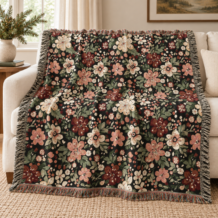 Retro Floral Woven Blanket, Dark Botanical Cotton Throw, Red Pink Flower Sofa Blanket, Christmas Gift
