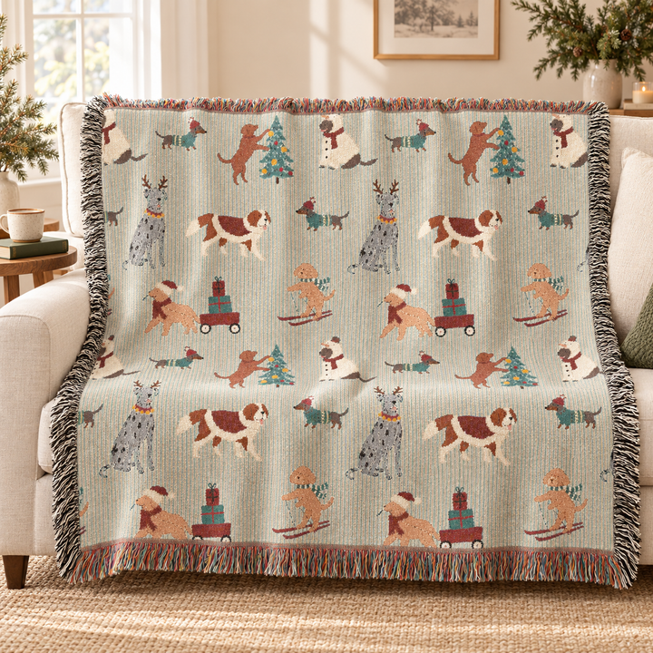 Christmas Dog Woven Blanket, Green Stripe Cotton Throw, Festive Puppy Decor, Dog Lover Holiday Gift
