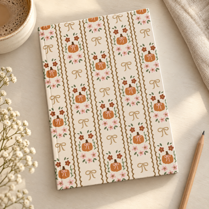 Girly Fall Pumpkin Bow Hardcover Notebook, Scalloped Floral Lined Journal, Autumn Stationery Gift