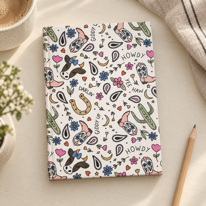 Western Cowgirl Hardcover Notebook, Pink Cowboy Boots and Howdy Lined Journal, Country Girl Gift
