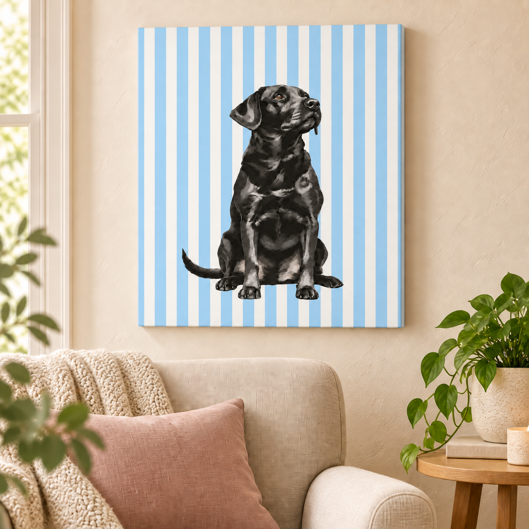 Black Lab Canvas Wall Art, Blue Stripe Labrador Stretched Canvas, Lab Mom Gift