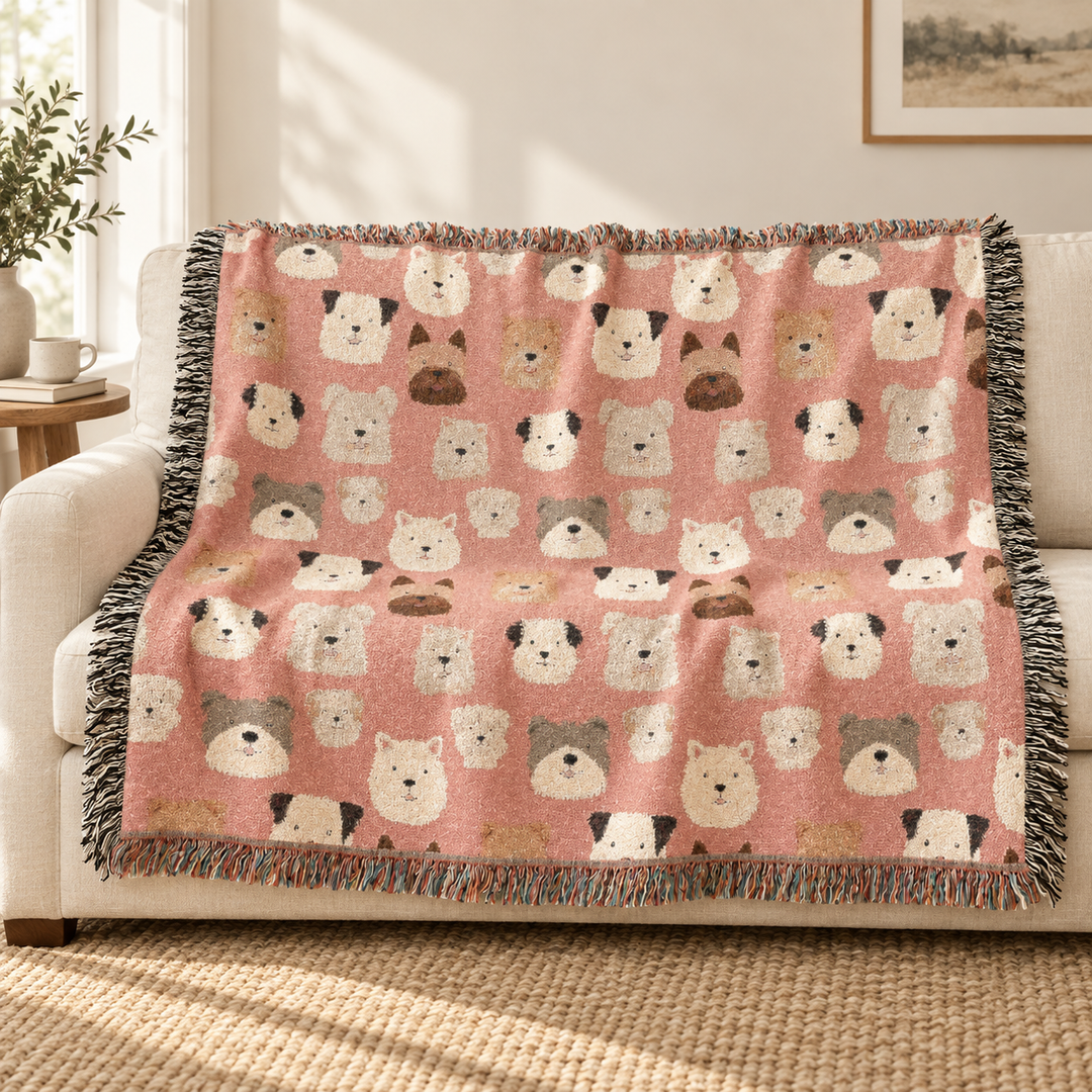Cute Dog Woven Blanket, Pink Puppy Pattern Cotton Throw, Dog Lover Gift, Fringed Sofa Blanket