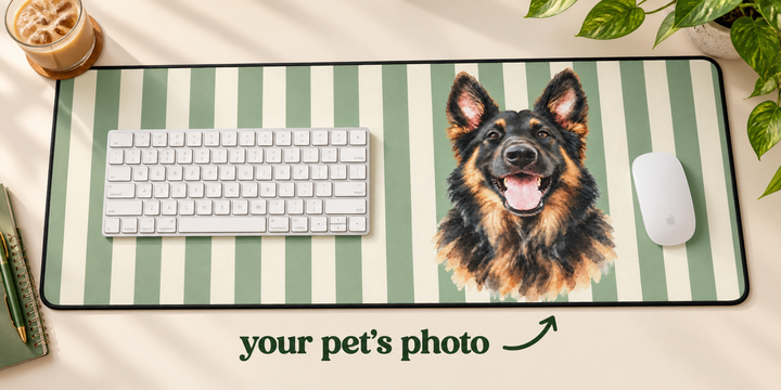Custom Watercolor Pet Desk Mat, Sage Green Cream Stripes, Personalized Dog Photo Desk Pad