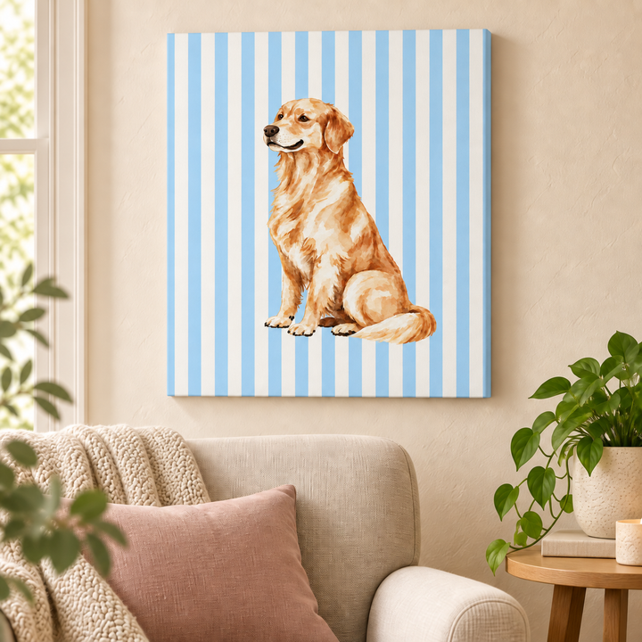 Golden Retriever Canvas Wall Art, Blue Stripe Stretched Canvas, Golden Retriever Mom Gift