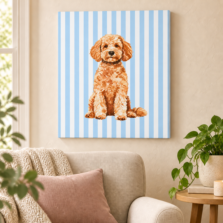 Goldendoodle Canvas Wall Art, Blue Stripe Doodle Stretched Canvas, Doodle Mom Gift