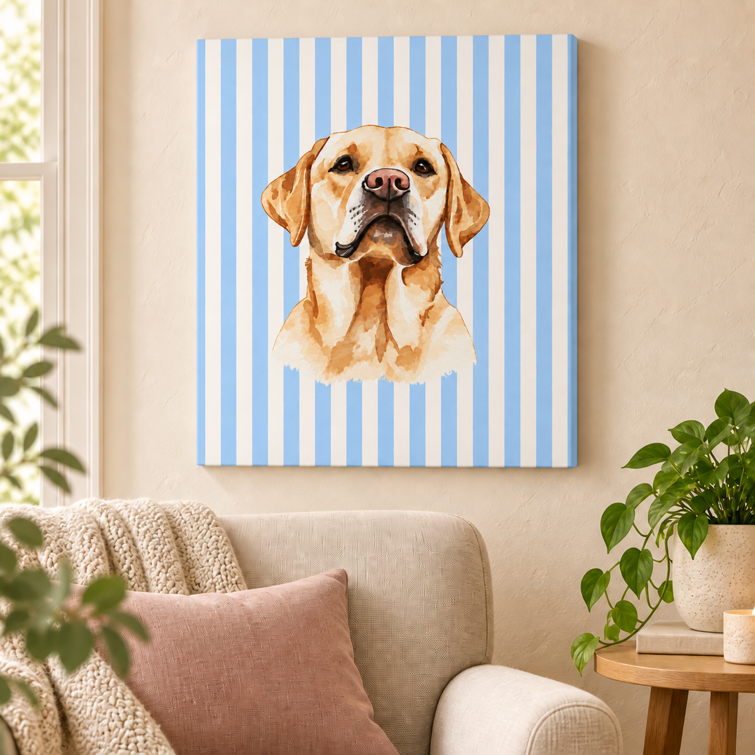 Yellow Lab Canvas Wall Art, Blue Stripe Labrador Stretched Canvas, Lab Mom Gift