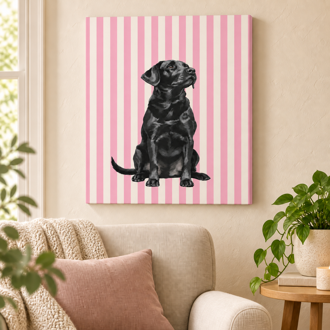 Black Lab Canvas Wall Art, Pink Stripe Labrador Stretched Canvas, Lab Mom Gift