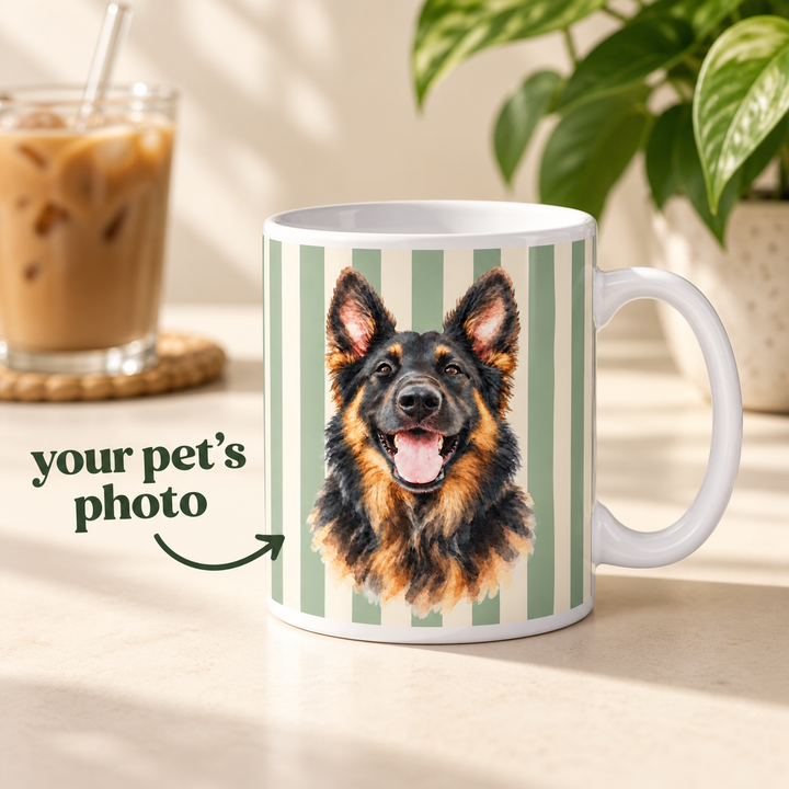 Custom Watercolor Pet Mug, Sage Green Cream Stripes, Personalized Dog Photo Coffee Cup, 11oz