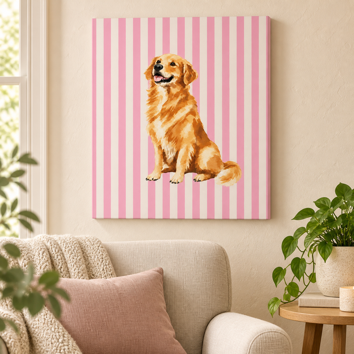 Golden Retriever Canvas Wall Art, Pink Stripe Stretched Canvas, Golden Retriever Mom Gift