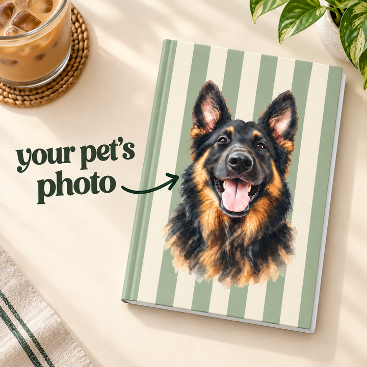 Custom Watercolor Dog Hardcover Notebook, Green and Cream Striped Pet Photo Journal