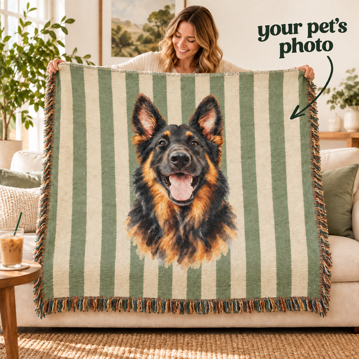 Custom Watercolor Dog Woven Blanket, Sage Green Cream Stripes, Personalized Pet Photo Cotton Throw, 60 x 50