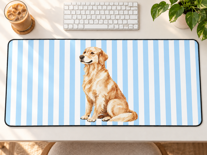Golden Retriever Desk Mat, Blue Stripe Dog Mouse Pad, Golden Retriever Mom Gift