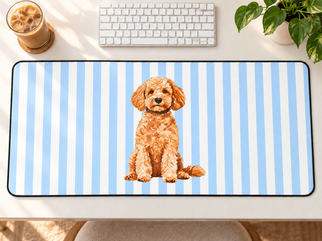 Goldendoodle Desk Mat, Blue Stripe Dog Mouse Pad, Doodle Mom Gift