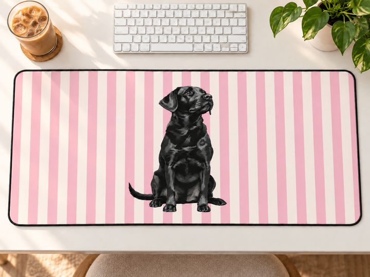 Black Lab Desk Mat, Pink Stripe Labrador Mouse Pad, Lab Mom Gift