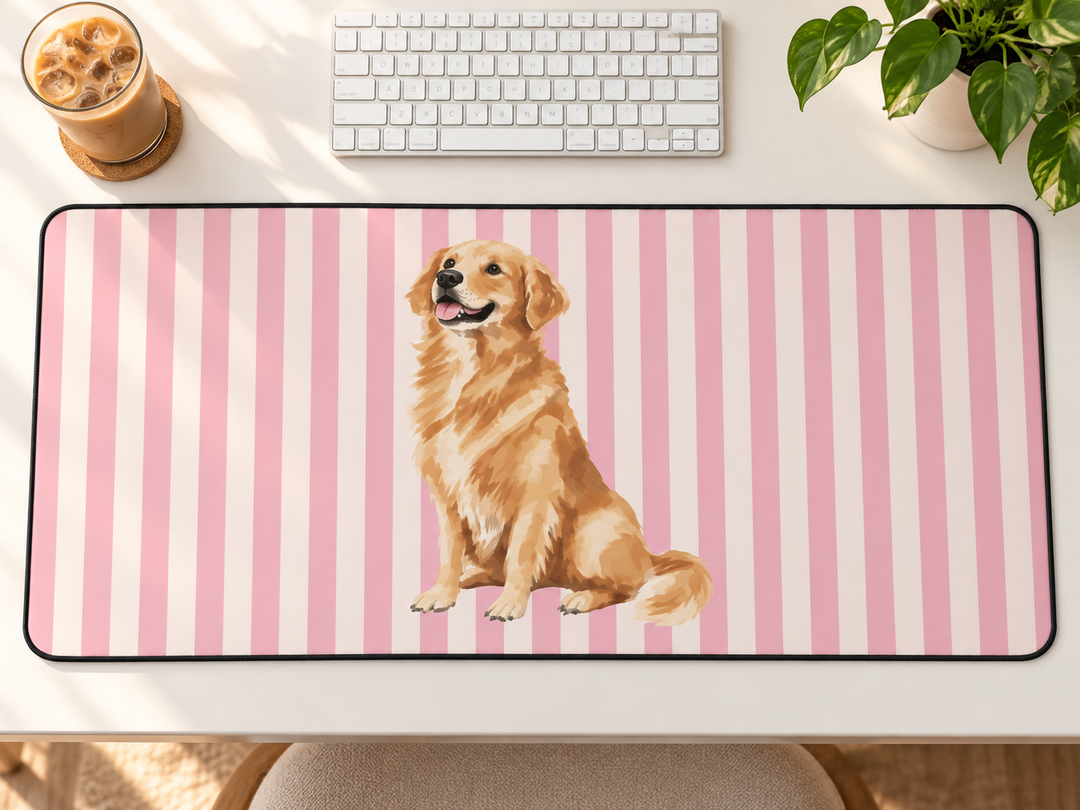 Golden Retriever Desk Mat, Pink Stripe Dog Mouse Pad, Golden Retriever Mom Gift