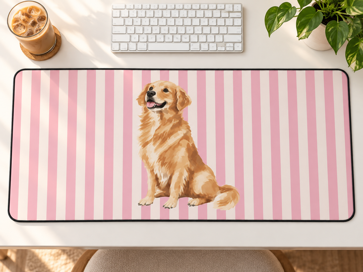 Golden Retriever Desk Mat, Pink Stripe Dog Mouse Pad, Golden Retriever Mom Gift