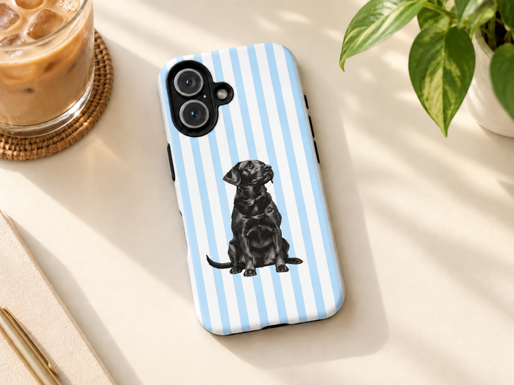 Black Lab iPhone Case, Blue Stripe Tough Phone Cover, Labrador Mom Gift